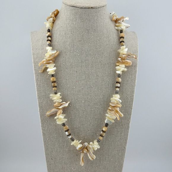 Vintage Mother of Pearl Stick Necklace Sterling Silver Clasp & Beads 21" - Picture 2 of 10